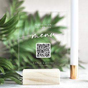 Boho Modern QR Code White Clear Wedding Menu Acrylic Sign