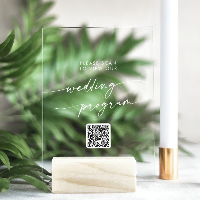 Boho Modern QR Code White Clear Wedding Program Acrylic Sign (Creator Uploaded)