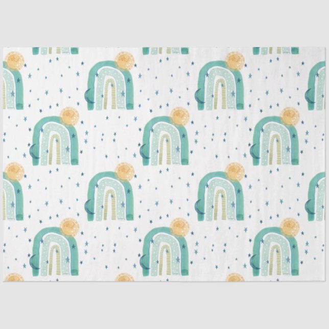 Boho Modern Rainbow Teal Blue Sun Moon Stars Baby Tissue Paper (Front)