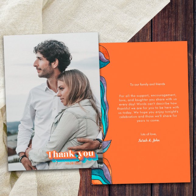 Boho Modern Retro Orange Purple Typography Wavy Thank You Card (Front and Back)