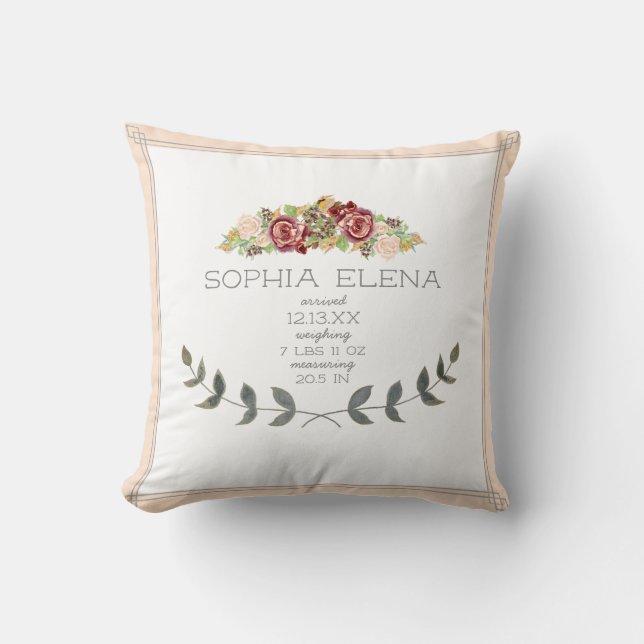 BOHO Modern Rose Floral Laurel Leaf Birth Stat Throw Pillow (Front)