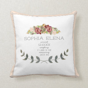 BOHO Modern Rose Floral Laurel Leaf Birth Stat Throw Pillow