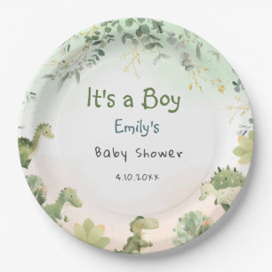 Boho Modern Watercolor Dinosaur Greenery Boy Paper Plate