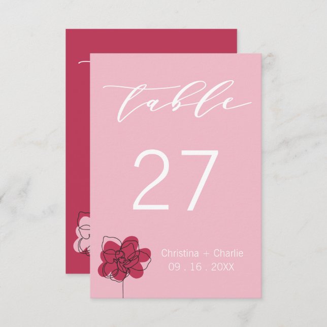 Boho moderne Fuchsia Mariage rose Numéro de table (Devant / Derrière)