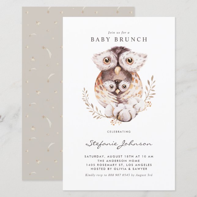Boho Mommy and Baby Owl Baby Brunch Invitation (Front/Back)