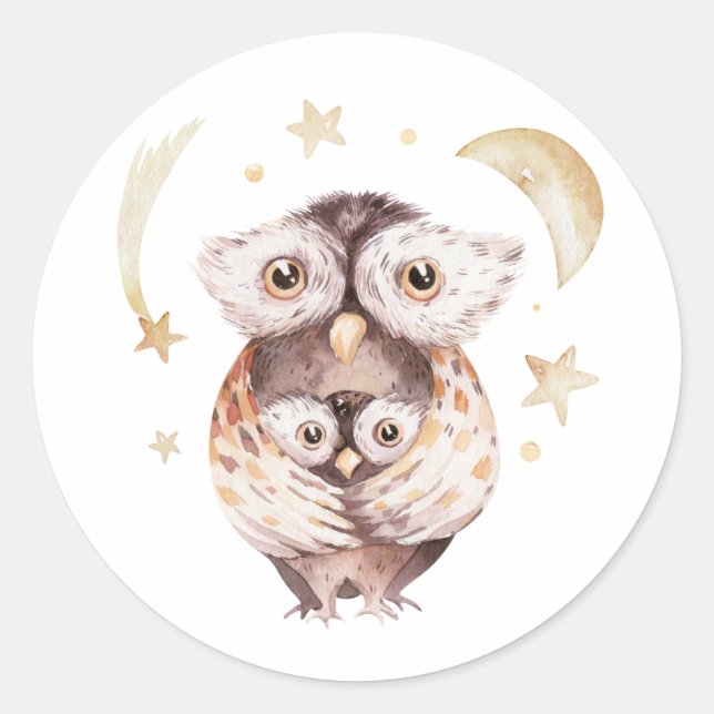 Boho Mommy and Baby Owl Celestial Baby Shower Classic Round Sticker (Front)