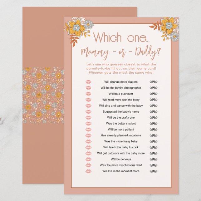 Boho Mommy or Daddy Baby Shower Guessing Game (Front/Back)