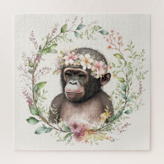 Boho Monkey in Wildflower Wreath Square Jigsaw Puzzle