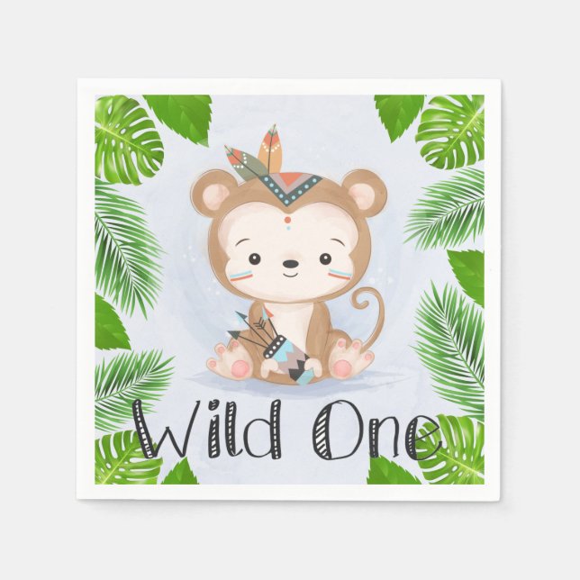 Boho Monkey Wild One Birthday Party Napkin (Front)