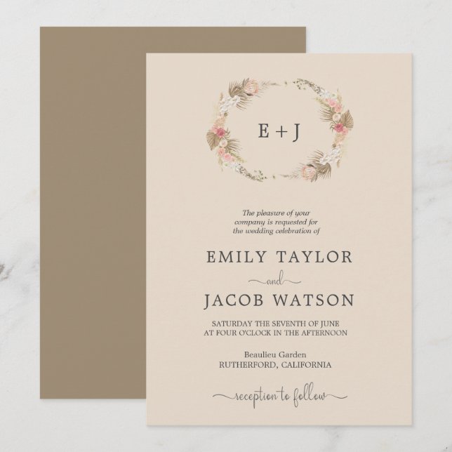 Boho Monogram Floral wreath Wedding invitation (Front/Back)