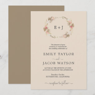 Boho Monogram Floral wreath Wedding invitation