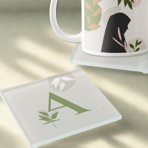 Boho Monogram Glass Coaster   Sage Green & Cream