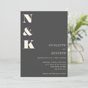 Boho Monogram Initials Charcoal Grey Photo Wedding Invitation