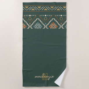 Boho Monogram with Terracotta Brown Tribal Pattern Beach Towel