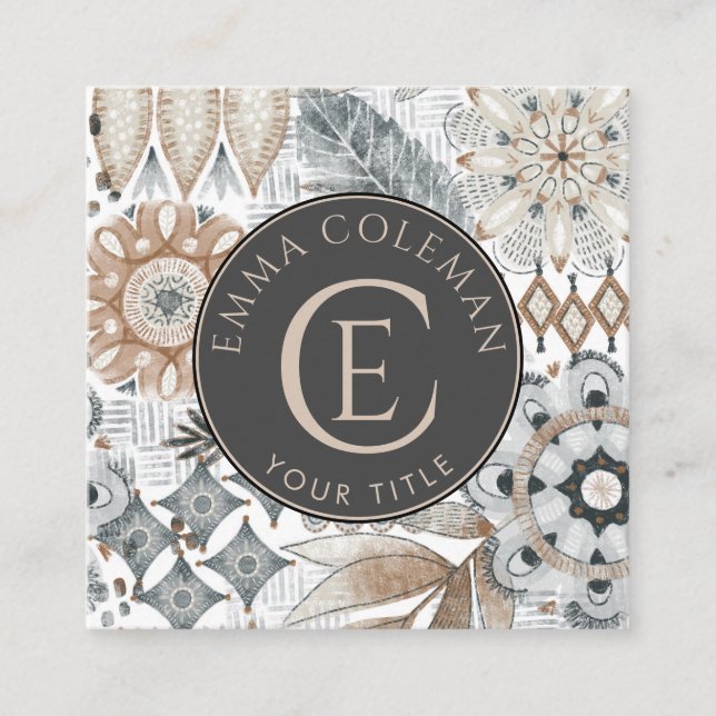 Boho Monogramme Carte de visite de feuilles floral (Devant)