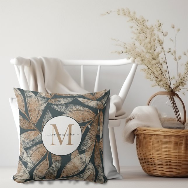 Boho Monogrammed Charcoal Grey Brown Leaf Pattern Throw Pillow (Creator Uploaded)