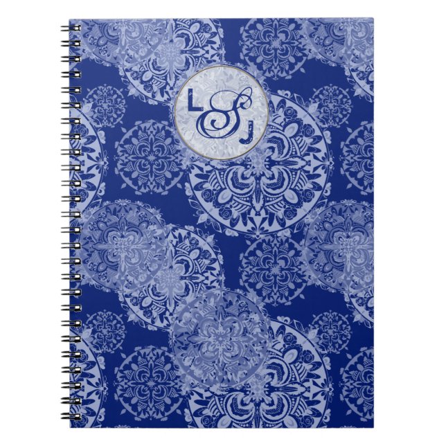 Boho Moody Blues Mandalas Monogrammed Notebook (Front)