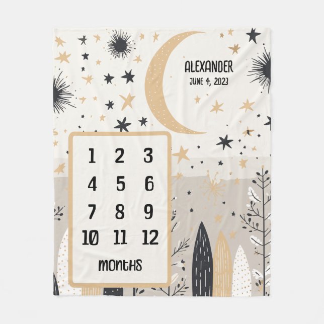 Boho Moon and Stars Personalized Baby Milestone  Fleece Blanket (Front)