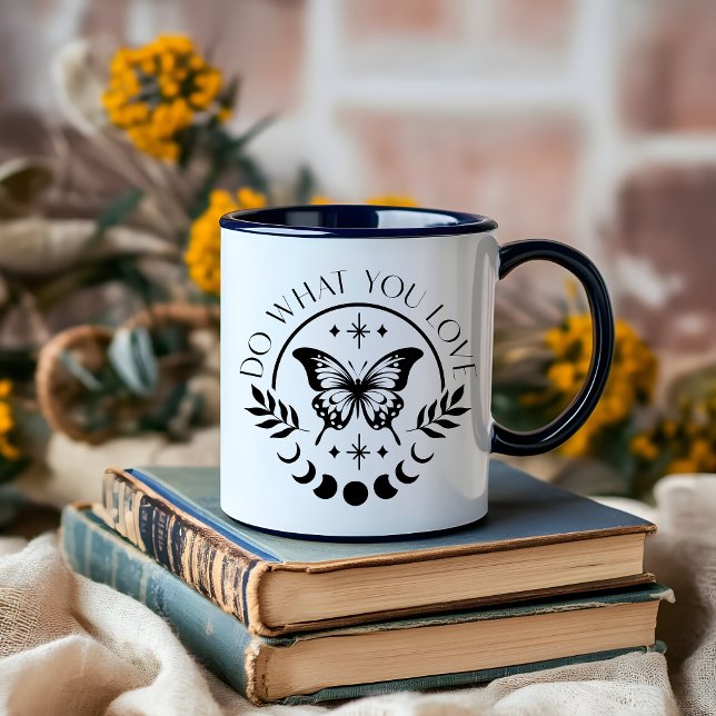 Boho Moon Black and White minimalist affirmation Mug (do what you love minimalist boho black and white mug)