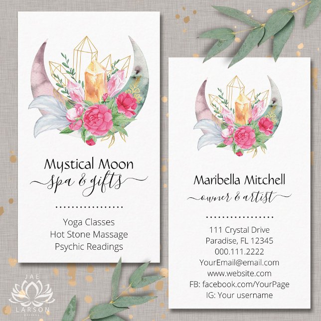 Boho Moon Crystals Feathers Flowers Business Card (Creator Uploaded)