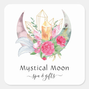 Boho Moon Crystals Feathers Flowers Business Card Square Sticker