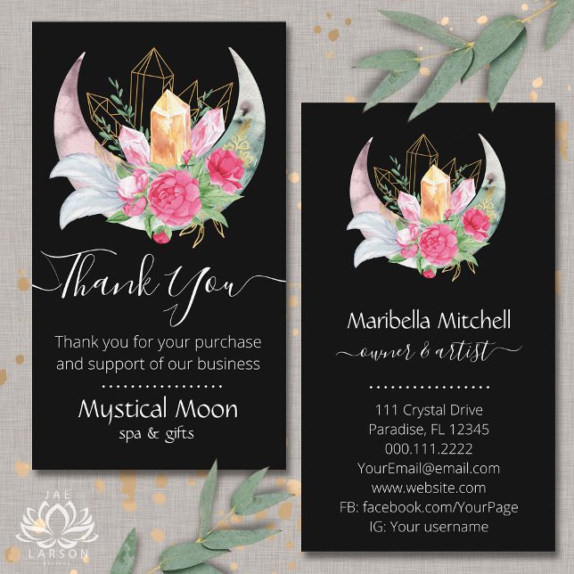 Boho Moon Crystals Feathers Flowers Thank You  Business Card (Creator Uploaded)
