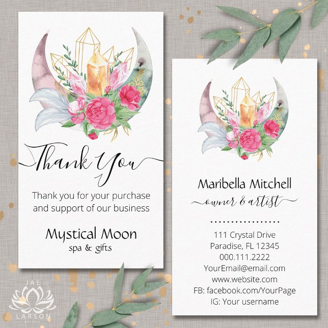 Boho Moon Crystals Feathers Flowers Thank You Business Card (Creator Uploaded)