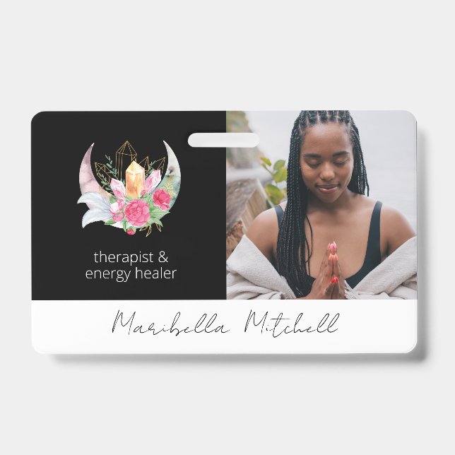 Boho Moon Crystals Feathers Flowes Therapist Badge (Front)