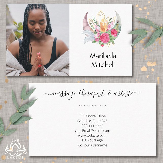 Boho Moon Crystals Feathers Pink Flowers Photo Business Card (Creator Uploaded)