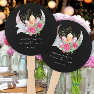 Boho Moon Crystals Feathers Pink Flowers Wedding  Hand Fan