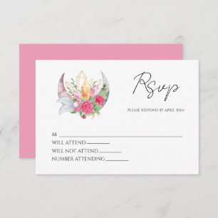 Boho Moon Crystals Feathers Pink Flowers Wedding RSVP Card
