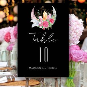 Boho Moon Crystals Feathers Pink Flowers Wedding  Table Number