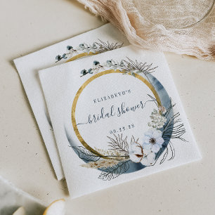 Boho Moon Floral Wreath Indigo Gold Napkin