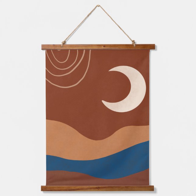 Boho Moon Lines Landscape Terracotta Beige Blue  Hanging Tapestry (Front)