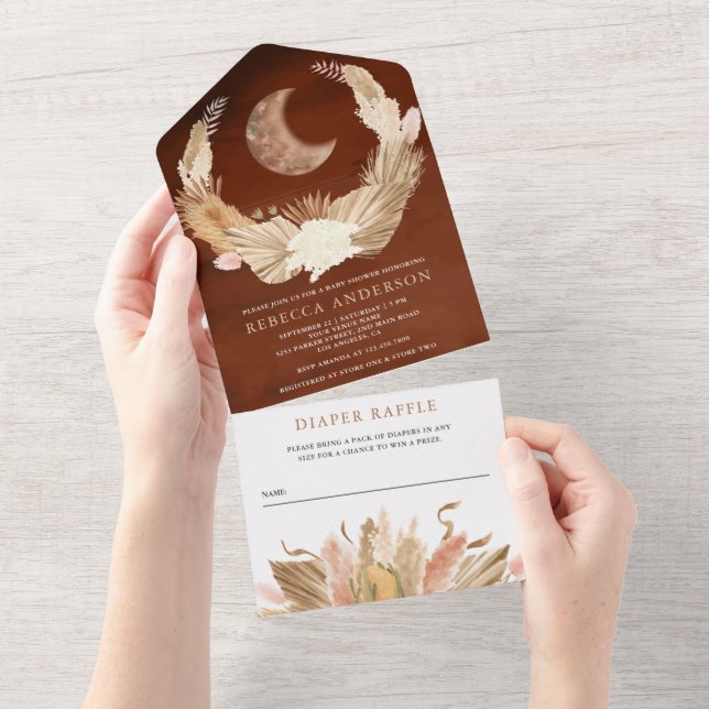 Boho Moon Pampas Grass Terracotta Baby Shower All In One Invitation (Tearaway)