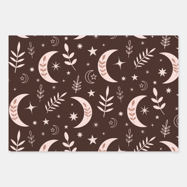 Boho moon pattern with leaves and stars wrapping paper sheet (Front)