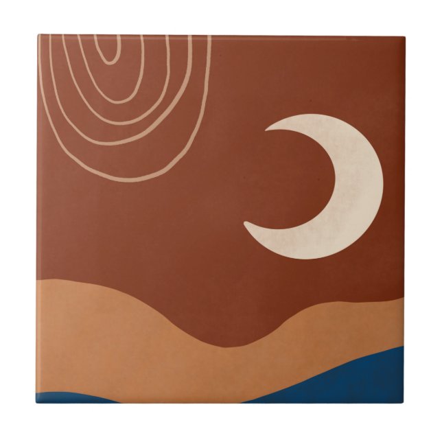 Boho Moon Rainbow Landscape Rust Tan Blue Brown Tile (Front)