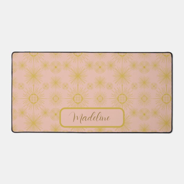 Boho Moon Stars Sun Pink Pattern Desk Mat (Front)