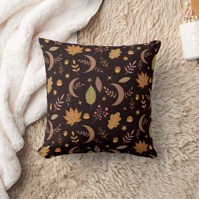 Boho Moon with autumn leaves pattern Throw Pillow (Blanket)