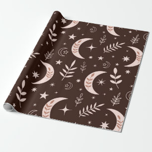 Boho Moon with Leaves and Stars Brown Wrapping Paper