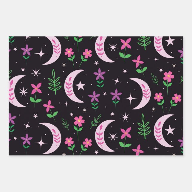 Boho moon  with pink flowers and leaves wrapping paper sheet (Front)
