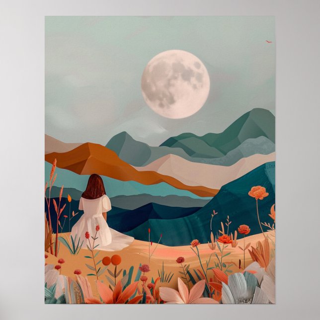 Boho Moonlit Desert Landscape Wall Art Print (Front)