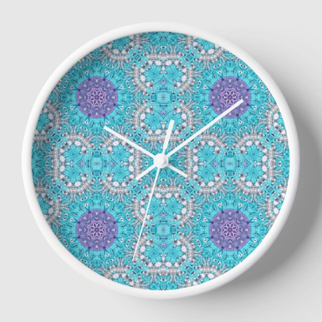 Boho Moroccan Embroidery turquoise blue bohemian Clock (Front)