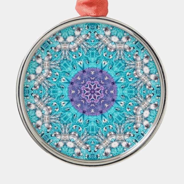 Boho Moroccan Embroidery turquoise blue bohemian Metal Ornament (Front)