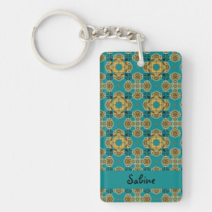 Boho Moroccan Tile Blue and Gold Acrylic Keychain