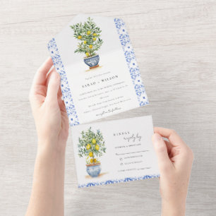 Boho Moroccan Watercolor Yellow Lemon Tree Wedding All In One Invitation