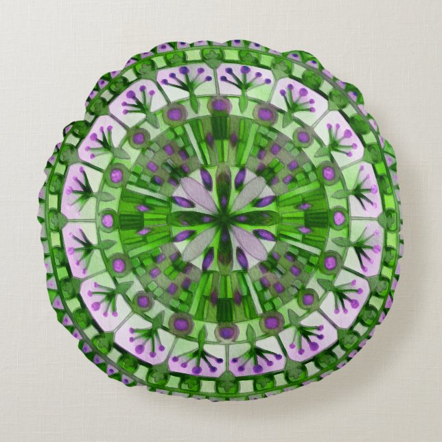 Boho Mosaic Tile Green Grass -  Round Pillow (Front)