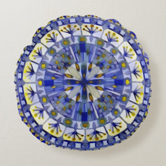 Boho Mosaic Tile Navy Blue Water - Round Pillow