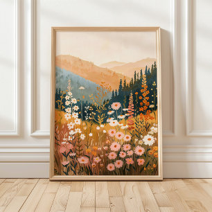 Boho Mountain Daisy Wildflower Landscape 18x24" Poster