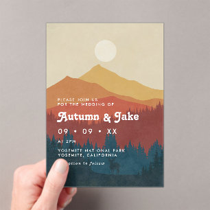 Boho Mountains and Forest 1970's Retro Wedding Acrylic Invitations